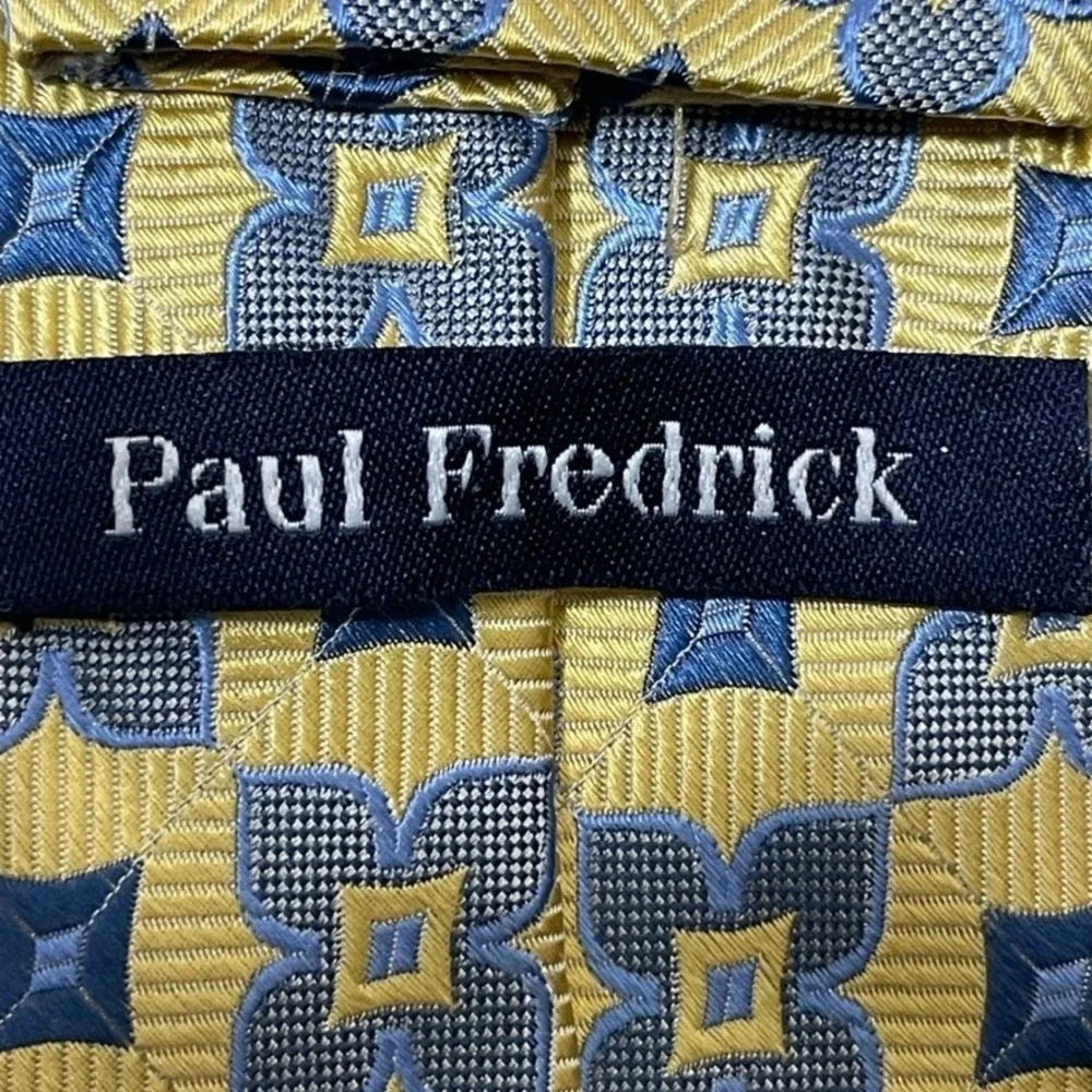 Paul Fredrick Silk Tie Mens OS Gold‎ Blue Classic Wedding Geometric 60x3.25